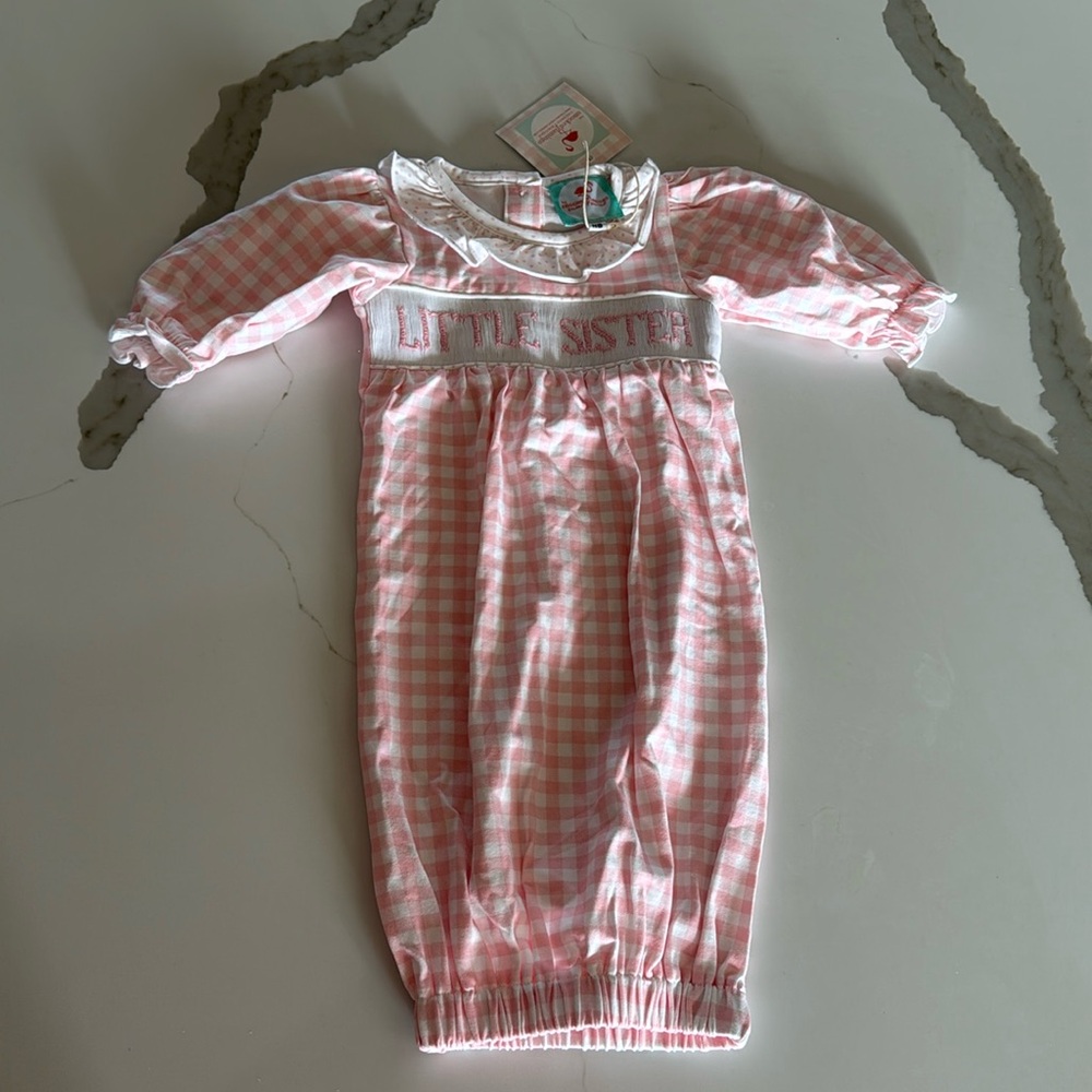 Smocked baby gown little sister outfit